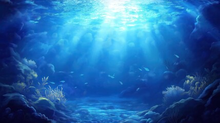 Obraz premium Tranquil underwater scene. Sunlight beams through clear water. Coral reefs and small fish swim in deep blue water. Peaceful and serene. Perfect for nature lovers. Ocean depths. Calm water. Soft light.