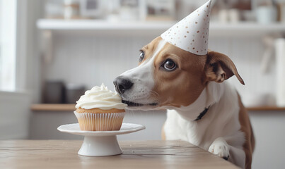 A Jack Russell terrier wearing party hat leans forward, giving a sly, mischievous look as it tries to sneak a bite of the frosted cupcake on a stand. Kitchen setting adds charm to the playful scene