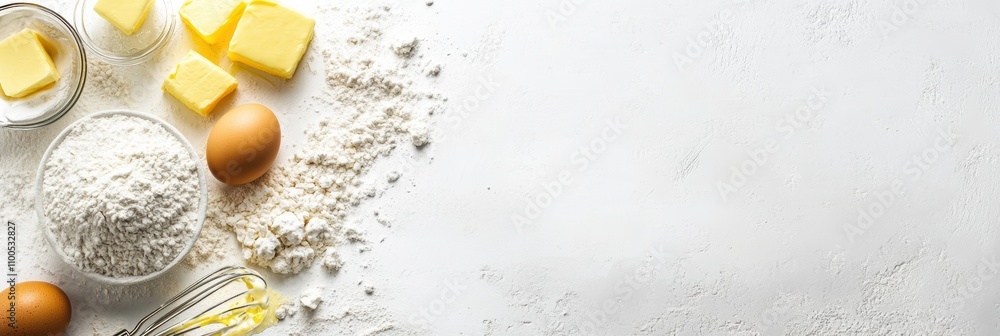 Poster baking essentials such as flour, fresh eggs, butter, and a whisk are arranged on a white surface wit