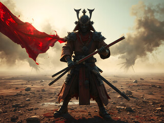 A crimson samurai in a abstract style with high-key lighting in a post-apocalyptic landscape, showing a person painting.