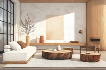 Fototapeta premium Modern minimalist living room with rustic accents. White couch with brown cushions. Wooden furniture pieces like coffee table, side tables made from tree stumps. Natural light streaming through large