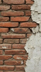 A close-up shot of a weathered and grimy brick wall, with cracked paint and peeling plaster, showcasing a variety of textures, wall, deteriorating
