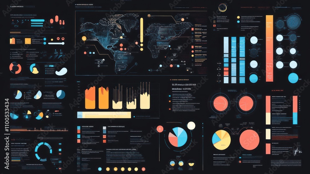 Poster intricate data visualization with global infographics and colorful charts on dark background