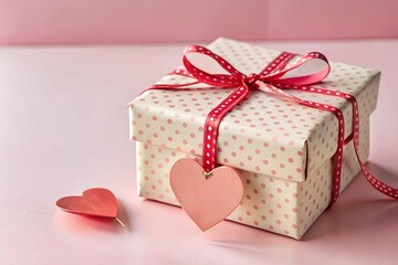 Mockup of a polka-dot gift box tied with a red ribbon and heart-shaped tag on a soft pink background. Ideal for Valentine&rsquo;s Day, romantic celebrations, and copy space designs.