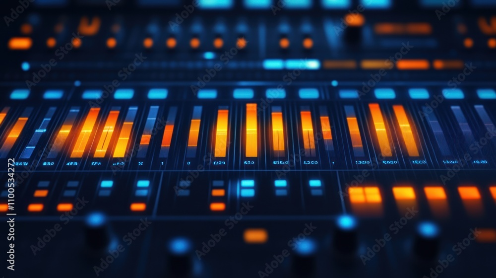 Poster illuminated audio mixer console with vibrant led display in music studio setting