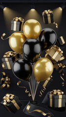 Elegant Black Friday Sale with Balloons and Gift Boxes, Generative AI