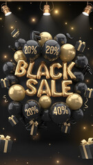 Black Friday Sale Balloons with Discount Percentages and Gift Boxes, Generative AI