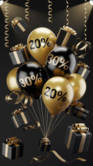 Black Friday Balloons and Gift Boxes with Discount Percentages, Generative AI