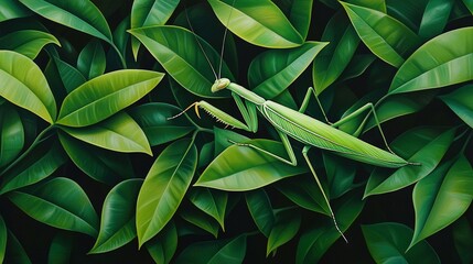   A yellow bug rests amidst green leaves and a praying mantis