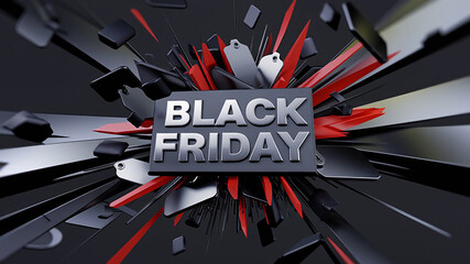 3D Black Friday Banner with Explosive Tags and Metallic Text, Generative AI