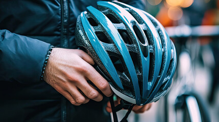 Person Adjusting a Blue and White Bike Helmet