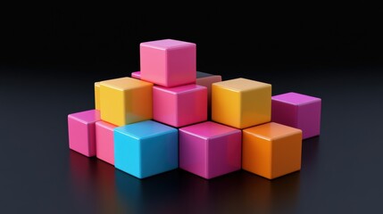 Obraz premium Vibrant Colored Cube Boxes in Pink, Yellow, Blue, Purple, and Orange, Stacked in a Playful Arrangement