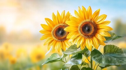 Obraz premium Sunflowers in Watercolor Abstract Field with Lush Greenery and Golden Light