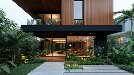 Fototapeta premium A newly built two-story house stands in a quiet residential area during twilight. The structure features large windows and a minimalist design, highlighting its modern appeal