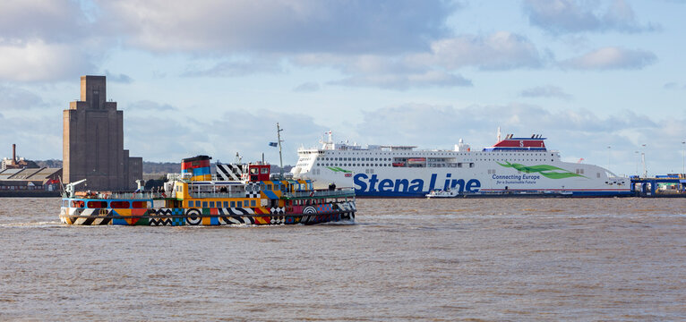 Liverpool, united kingdom January, 16, 2024 Mersey ferryboat Snowdrop, painted with Sir Peter Blake's Everybody Razzle Dazzle design
