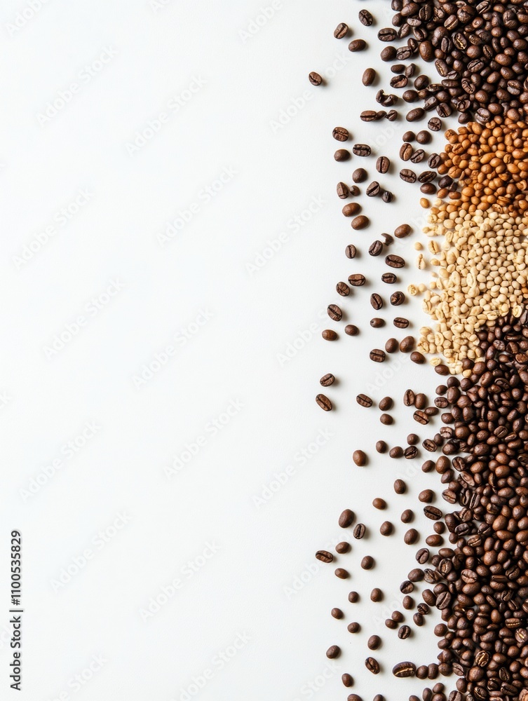 Poster different types of coffee beans are artfully arranged on a white surface, leaving a blank area on th