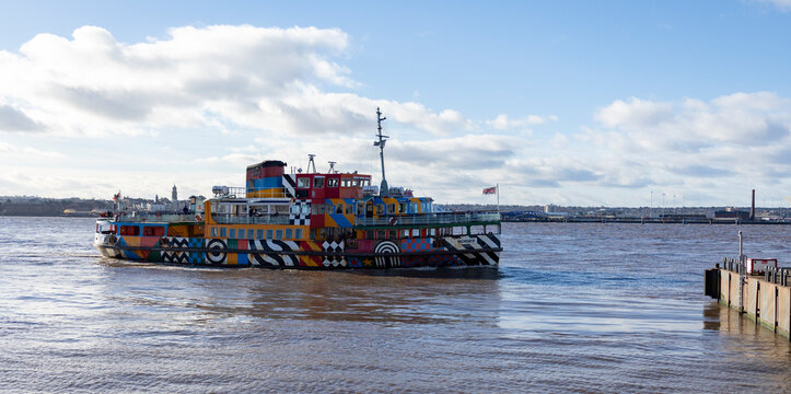 Liverpool, united kingdom January, 16, 2024 Mersey ferryboat Snowdrop, painted with Sir Peter Blake's Everybody Razzle Dazzle design