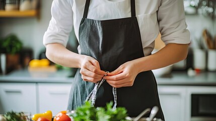 Woman in an Apron Adjusting the Tie While Standing in a Kitchen