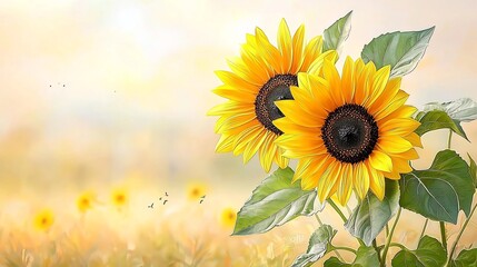 Obraz premium Vibrant Sunflowers in Watercolor Abstract Landscape with Golden Light and Hazy Horizon