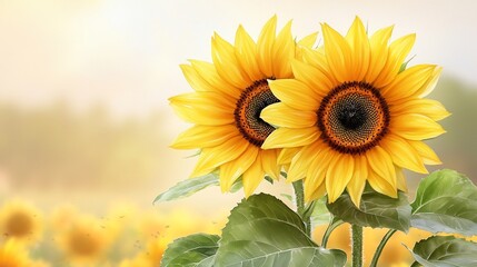 Obraz premium Vibrant Sunflowers in Watercolor Abstract Field with Flock of Birds