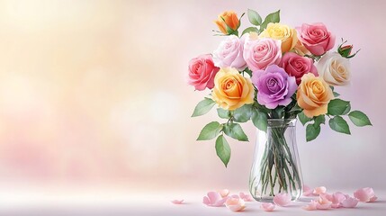 Obraz premium Vibrant Watercolor Bouquet of Garden Roses with Romantic Pastel Backdrop