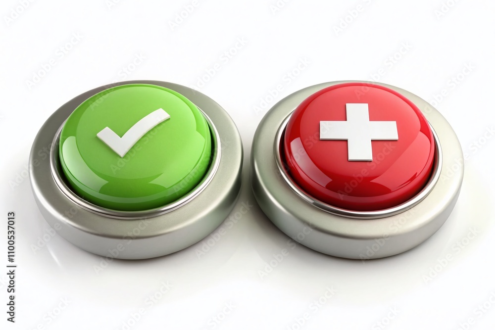 Poster 3d green check mark and red cross buttons on a white background for architectural photography and de