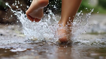 Fototapeta premium Bare Feet Splashing into a Puddle of Water