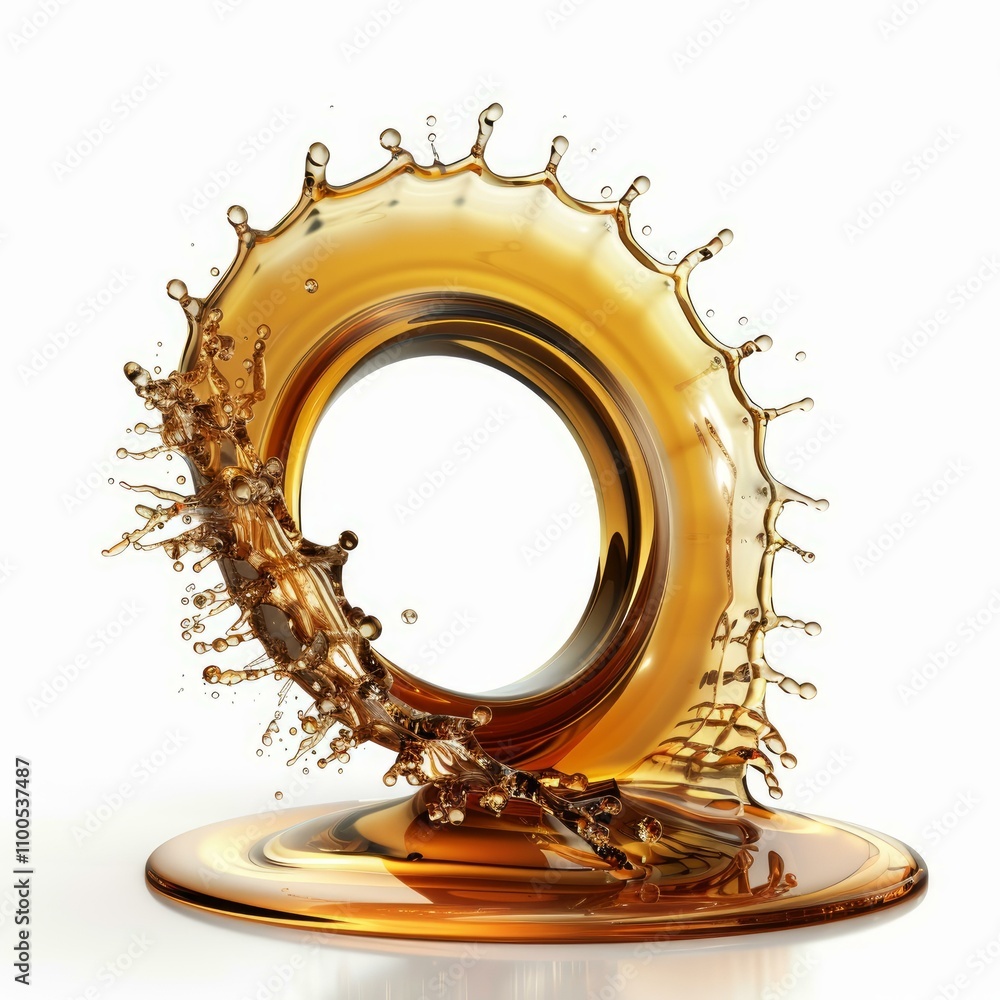 Poster golden liquid splashing and forming a perfect circle with copy space on a white background
