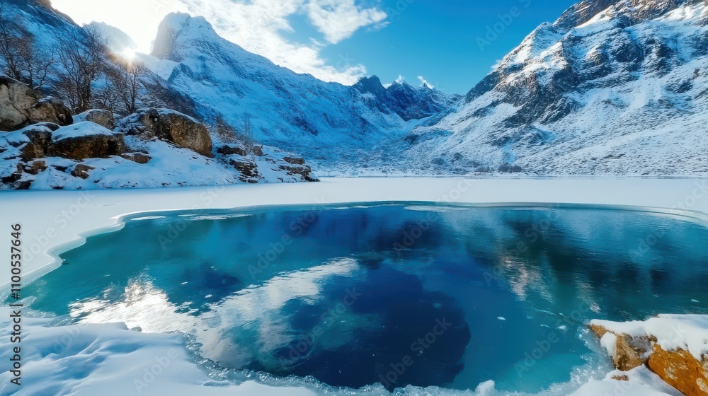Canvas Prints winter wonderland: sunlight shines on a partially frozen lake, casting a reflection of the snow-capp