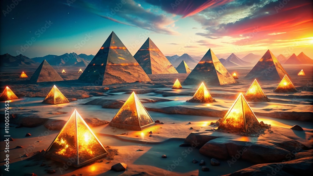Poster 3d rendered animation of upside-down glowing pyramids rotating in a desolate landscape with ethereal