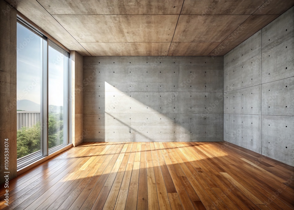 Poster 3d rendering of an empty room showcasing open space with wooden floor and concrete wall, perfect for