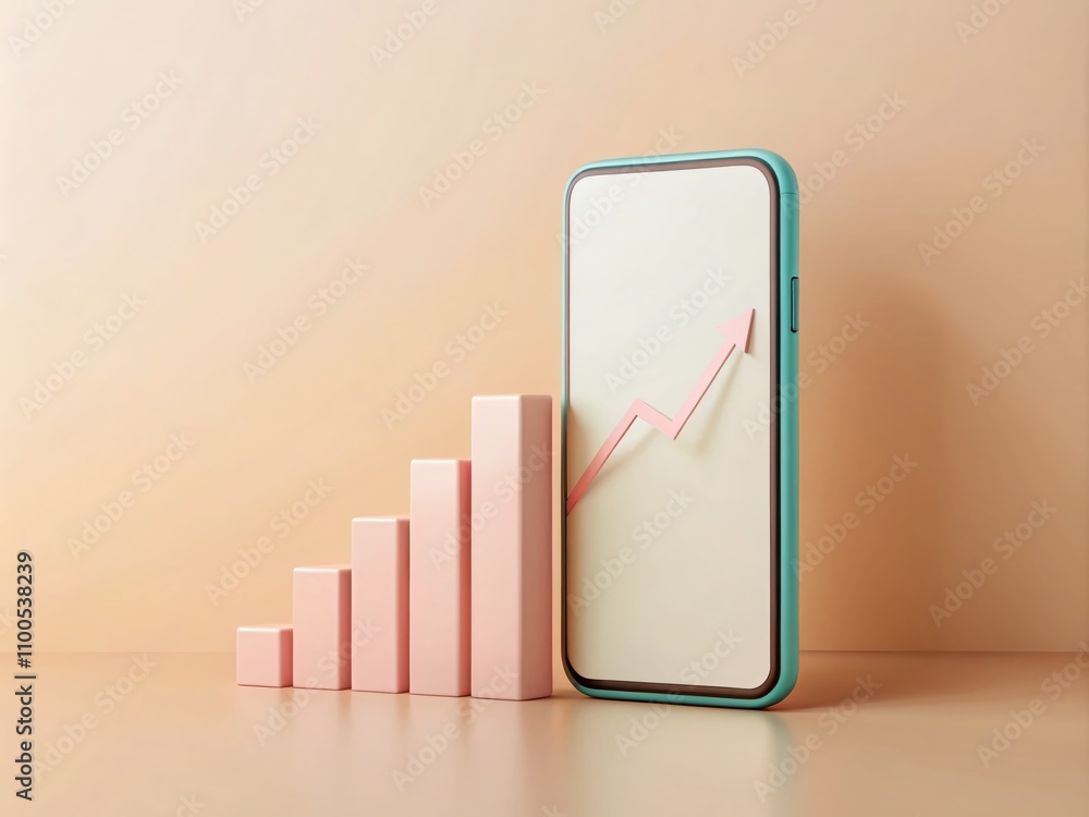 Poster 3d render of a mobile phone with a rising graph trend in pastel colors on a white background for bus