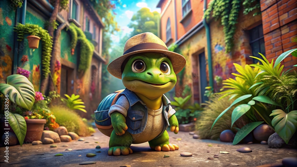 Poster 3d render of a charming little turtle cartoon character in safari hat and jeans exploring an urban j