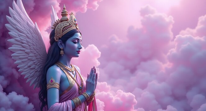 Hindu goddess Saraswati, on a light lilac background. Diwali, Gudi, Navratri. Religion and culture. Goddess mother. Trinity. For banner, poster, background. With copy space