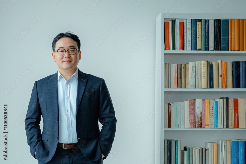 Aufkleber A person in a suit stands confidently alongside a neatly organized shelf filled with books of different genres against a white background. Generative AI