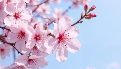 Fototapeta premium Cherry blossom branch in full bloom against a clear blue sky, showcasing delicate petals