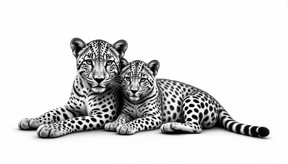 Naklejka premium Adorable leopard mother and cub resting closely in a minimalist black and white setting