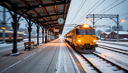 Snowy winter railway station yellow train motion blur cold atmosphere travel 
