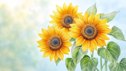 Obraz premium Vibrant Sunflowers in Watercolor with Textured Brushstrokes and Dappled Foliage