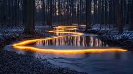 Mystical Stream Illuminated by Soft Light in a Serene Woodland Setting