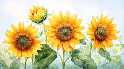Obraz premium Vibrant Yellow Sunflowers with Textured Brushstrokes and Lush Greens