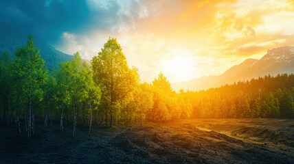 Obraz premium A banner design for climate change awareness featuring a lush forest on one side, transitioning to a barren desert on the other. The contrasting landscapes symbolize the impact of climate change