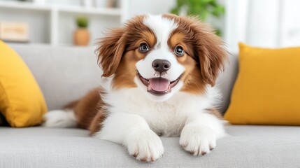 A cheerful puppy lies comfortably on a soft sofa adorned with yellow cushions. Sunlight fills the bright living room, creating a warm and inviting atmosphere