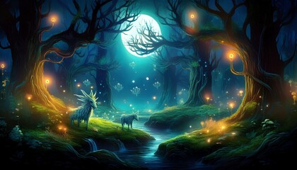 Obraz premium 月明かりに照らされた魔法の森。光り輝く妖精や神秘的な動物のような幻想的な生き物が、きらきらと輝く苔に覆われた古木の間を歩き回っています。この光景は、別世界でありながらも魅力的に感じられ