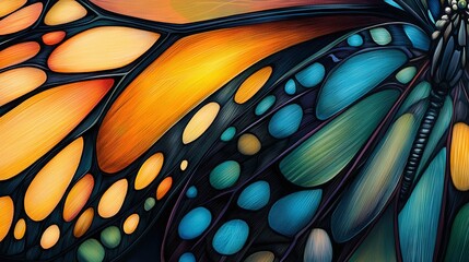   A macro shot of a butterfly's wing, showcasing its vibrant hues and tip patterns