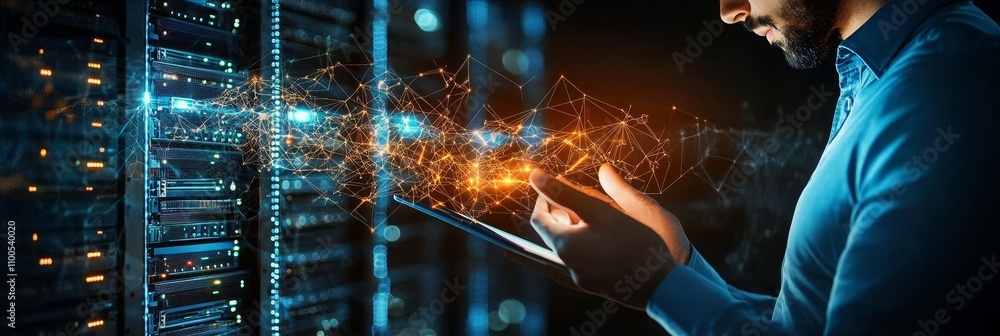 Poster it engineer using digital tablet in data center server room, cyber security and data protection.