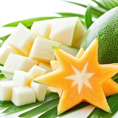 Fresh Starfruit and Melon Cubes on Leaves