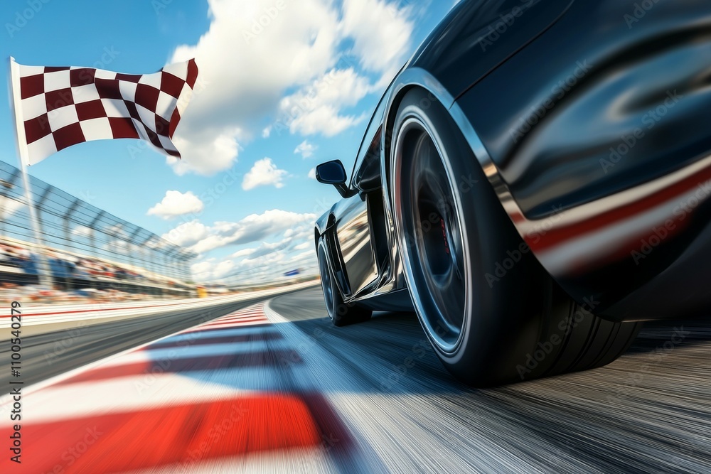 Poster a black car is racing on a track with a checkered flag in the background