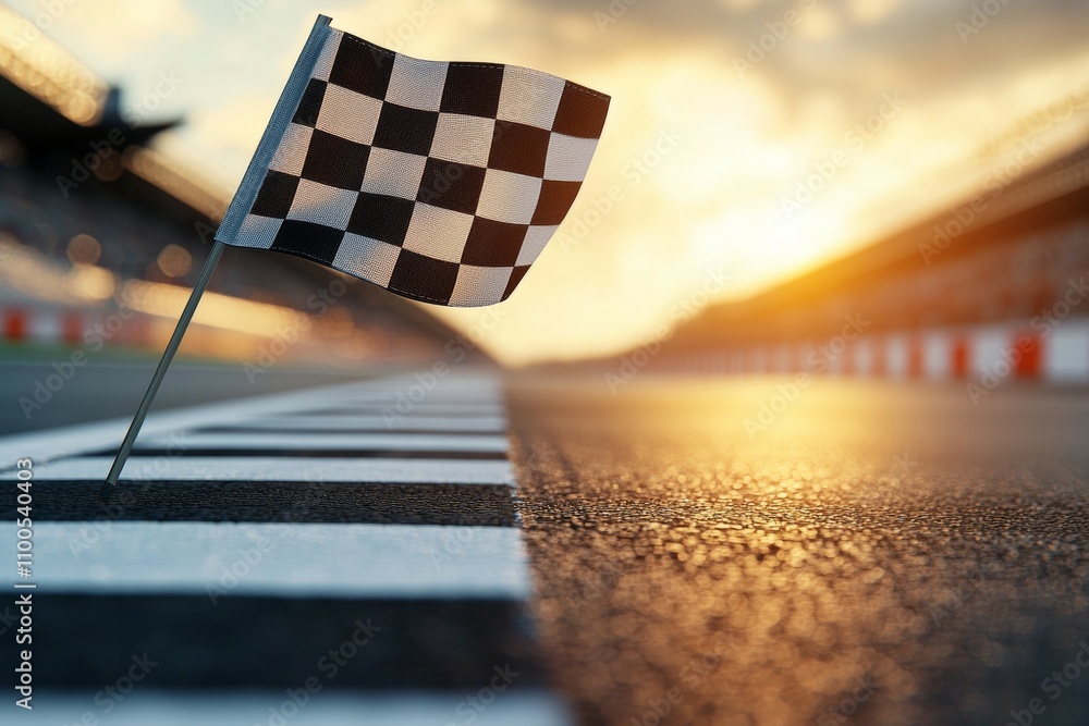 Poster a checkered flag is on the ground in front of a race track