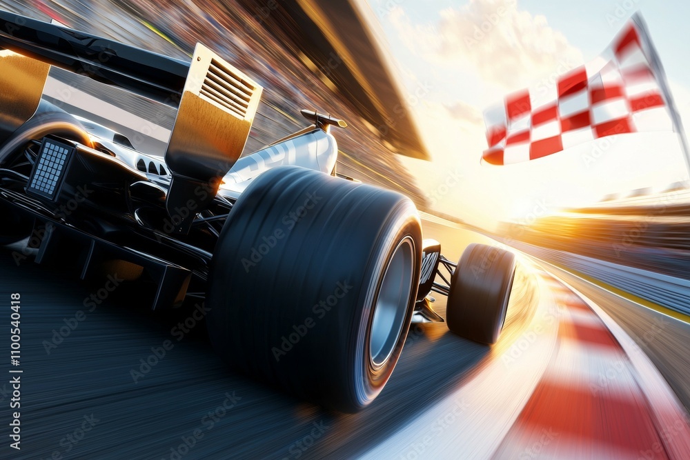 Aufkleber a race car is speeding down a track with a checkered flag in the background